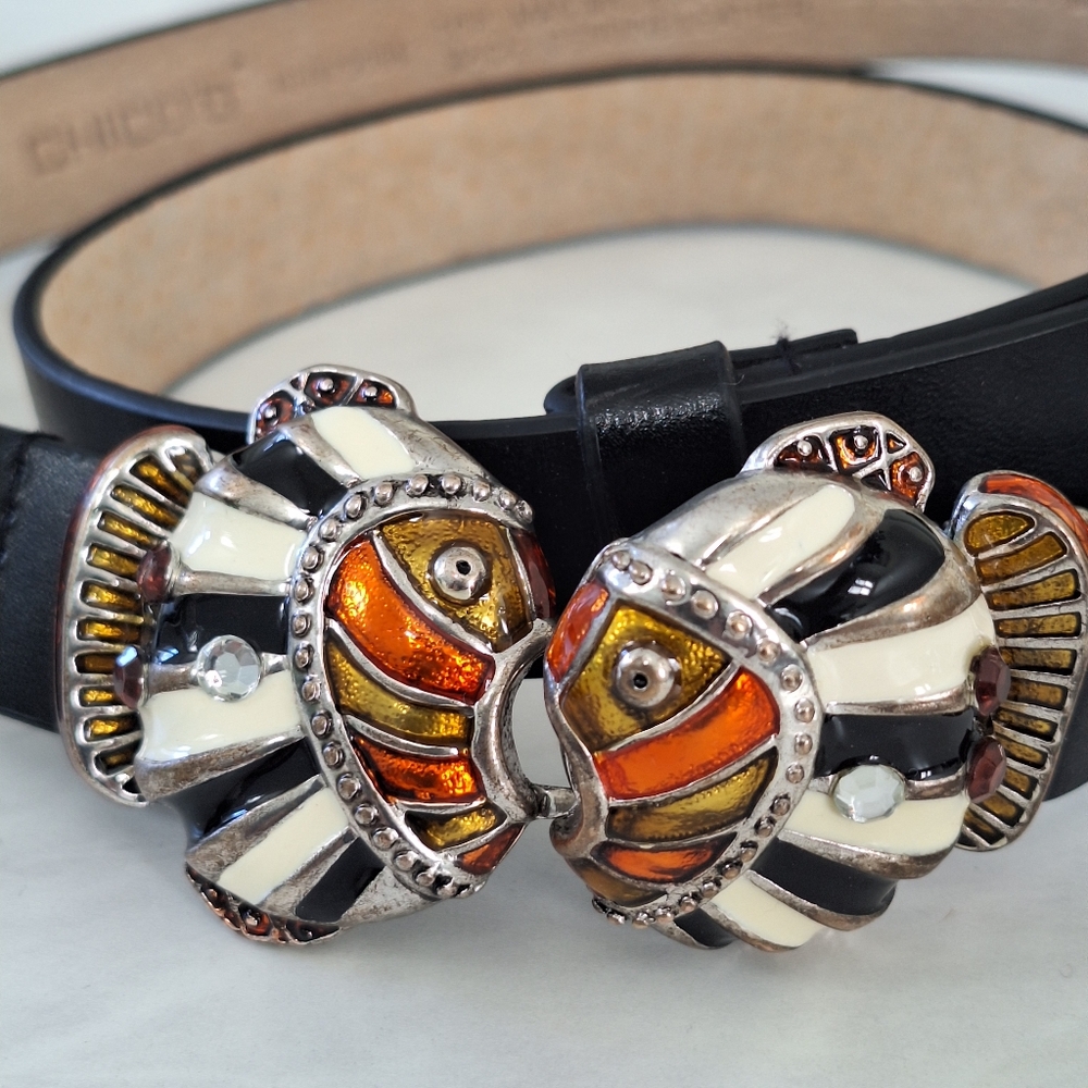 Chicos Black Belt w/ Whimsical Fish Buckle Statement Fashion Belt M/L - Picture 2 of 6